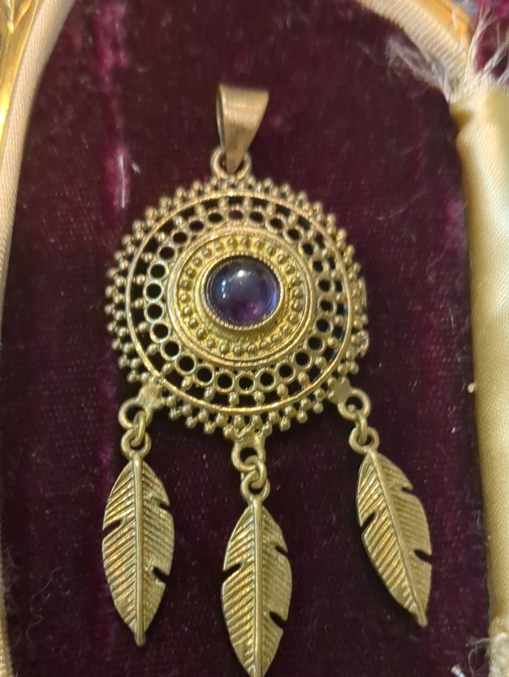 Gold-Tone Feather Dreamcatcher Pendant with Purple Stone